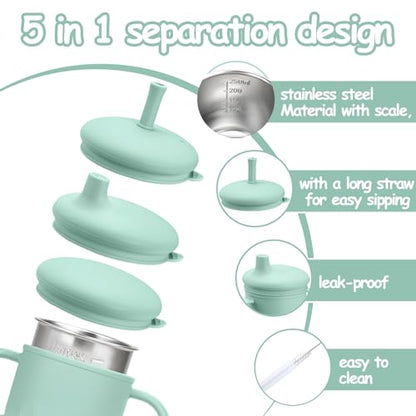 Mity rain 3-In-1 Stainless Steel Sippy Cup for 6+ Month Old, Baby Straw Cups for Toddlers 1-3 with Travel Lid, Silicone Straw, Replacement Straw & Cleaning Brush - 8oz Toddler Cups Spill Proof Set - color: Green