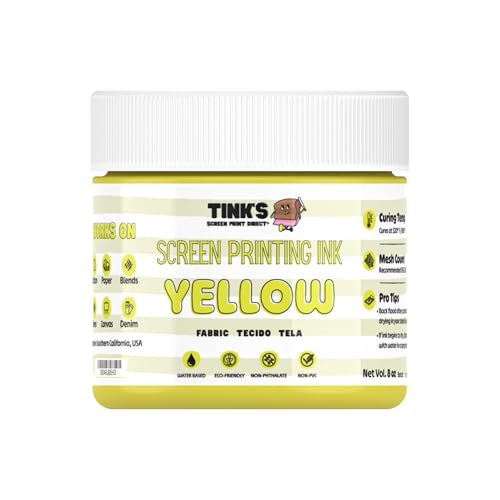 Tinks Screen Printing Ink - Yellow - 8oz. Water-Based Fabric Ink - Screen Printing, Stenciling, Tote Bags & Fabric Stamping - Non-Toxic, No Harsh Fumes, Soap & Water Cleanup - Made in California - color: Yellow