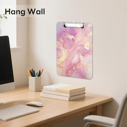 Plastic Cute Clipboard Low-Profile Metal Clip, A4 Letter Size 9 x 12.5 in, 8.5 x 11 Paper Clip Board for Teachers, Nurses, Classroom,Pink Gold Marble - color: Pink Gold Marble