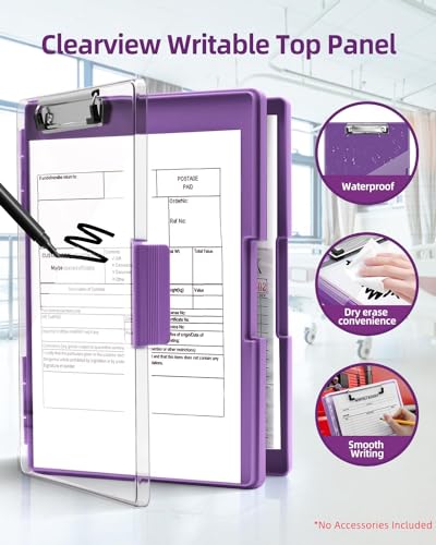 Clearview Clipboard with 2 Storage, Dry Erase 8.5x11 Heavy Duty ClipBoards - High Capacity Coaches Clip Board with Pen Holder - Side Opening Plastic Nursing Clip Case (Dark Purple) - color: Dark Purple
