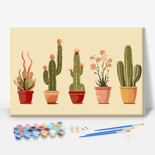 Camocin Framed Paint by Numbers Kit for Adults Beginner - Desert Cactus Paint by Number Canvas with Frame, Boho Botanical DIY Acrylic Painting Kit for Relaxing Home Wall Decor 8x12 Inch - color: Flower-01, size: 8x12 Inch