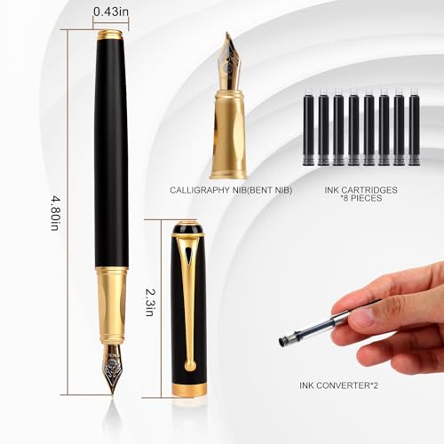 Fountain Pen-Smooth Writing Metal Water Pen with Gift Case Fine Nib Consistent Ink Flow Luxury Pen for Nice Pens Includes a Calligraphy Nib 8 Ink Cartridges and a Converter (Gold) - color: Gold
