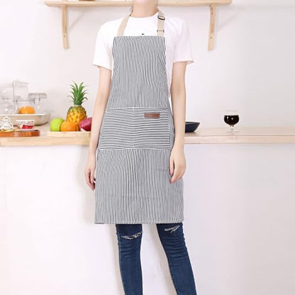 Tosewever 2 Pieces Kitchen Cooking Aprons, Cotton Polyester Blend Adjustable Bib Aprons with 2 Pockets for Women Men Chef Chef (Navy/Black Stripes, 2) - color: Navy/Black Stripes