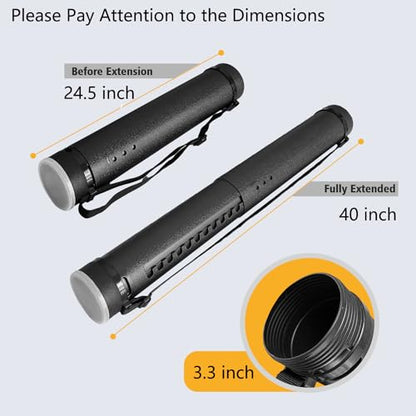 Poster Tube with Strap,2Pack Expandable Poster Storage Tubes Expand from 24.5" to 40" ,Waterproof Telescoping Blueprint Art Document Transport Carrying Tube - color: Black