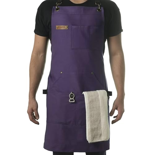 Asaya Chef and BBQ Apron with Bottle Opener and Hand Towel - 10oz Cotton Canvas, Stainless Steel Hardware - Cross Back Straps - color: Purple
