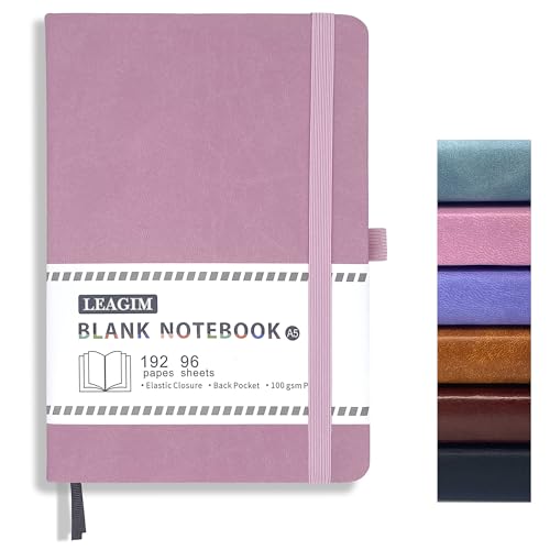 Blank Journal Notebook, A5, 192 Pages 100 GSM Thick Sketch Book for Women Men, Hardcover Leather Unlined Journaling for Work, Notebooks for Writing, 5.8 inches x 8.5 inches (Pink) - color: Pink, style: a-Blank