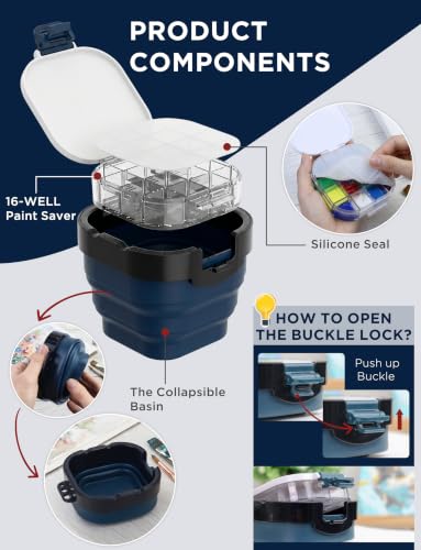 16-Well Airtight Gouache Palette Box with Lid & Foldable Water Cup, Blue | Compact Travel Design, Refillable Paint Storage Suitable for Watercolor & Acrylic - color: Blue
