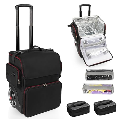 Large Makeup Train Case,Cosmetic Makeup Case for Hairstylist, Hairdresser Bag with Detachable Pouch,Heat Insulation and Anti-scalding Full layer for Hairdressing Tool Organizer Trolley with wheels - color: Black-with 2 clear bags