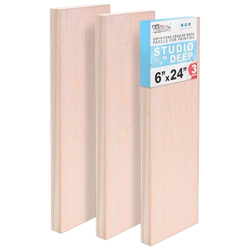 U.S. Art Supply 06" x 24" Unfinished Cradled Wood Panels for Painting, Studio 3/4" Deep (3 Pack) - Artist Depth Birch Wooden Wall Canvases - Mixed-Media Craft, Acrylic, Oil, Encaustic, Paint Pouring - size: 6" x 24"