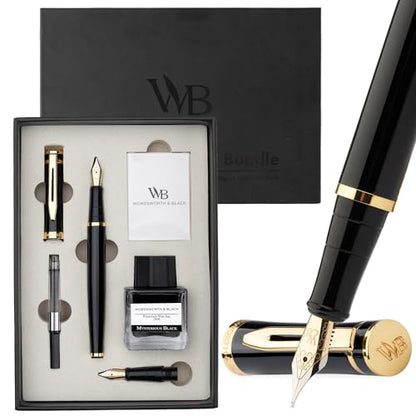 Wordsworth & Black Fountain Pen Set,18K Gilded Medium and Extra Fine Nib,25MLBlack Ink Bottle,6 Ink Cartridges,Refill Converter,Gift Box,Smooth Writing Pens [Black Gold],Gift Set for Men and Women - color: Black Gold