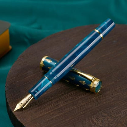 Hongdian N8S Blue Peacock Fountain Pen, Iridium Medium Nib with Converter and Metal Pen Case Set - color: Blue Peacock, style: Medium Point
