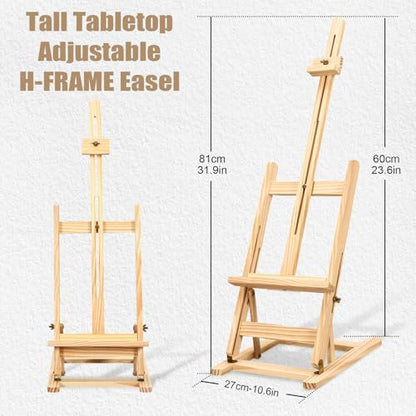 Fuyoooo 3 Pcs 32'' Wooden H-Frame Studio Tabletop Easel- Adjustable Stand, Holds up to 16 Canvas, Portable Tabletop Easel for Painting Display Drawing Stand