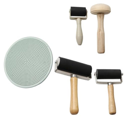 Gogogmee 5pcs Rubber Roller Stamping Tool Set with Wooden Mushroom Roller and Plastic Baren for DIY Printmaking Craft Projects, Block Printing Accessories for Art and Ink Application