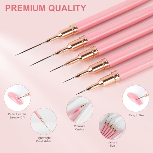 Artdone Metallic Nail Art Pens, Liner Brushes Set, 5PCS Pink Nail Tools | For Long Lines, Thin Details, Fine Drawing, Liner Brush UV Gel Polish Painting Nail Design Sizes 5/8/12/20/25mm - color: Pink Liner Brush Set