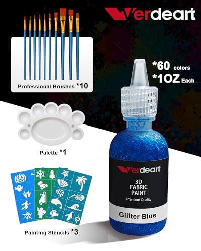 60 Color Fabric Paint Set – 3D Puffy Permanent Textile Paint for T-Shirts, Jeans & Crafts with 10 Brushes, Palette and 3 Stencils - size: 1 Fl Oz (Pack of 60)