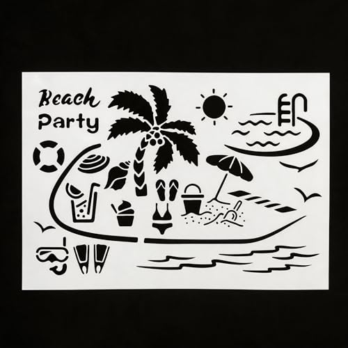 TIAMECH A4 Reusable Summer Beach Party Stencil for Painting | Tropical Seaside Layering Template, DIY Wall Art, Wood Furniture, Scrapbook & Crafts (8.3x11.7inch) - style: Summer Beach Party