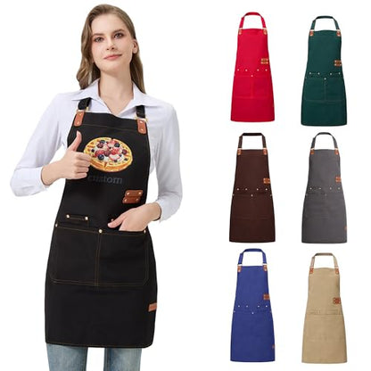 Personalized Waterproof Canvas Apron Custom Logo - Heavy Duty Cross Back 4 Pockets for Men Women Chef Barista - color: Black