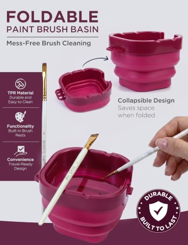 16-Well Airtight Gouache Palette Box with Lid & Foldable Water Cup, Pink | Compact Travel Design, Refillable Paint Storage Suitable for Watercolor & Acrylic - color: Pink