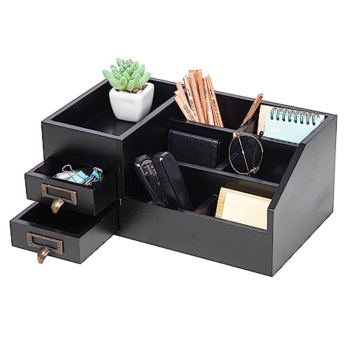 Distressed Rustic Wooden Office Desktop Organizer Wood Shelf Tabletop Home Organizer Storage with Multiple Compartments 2 Tier Drawers,perfect Jewelry storage Display Box for Desk, Vanity (Black) - color: Black