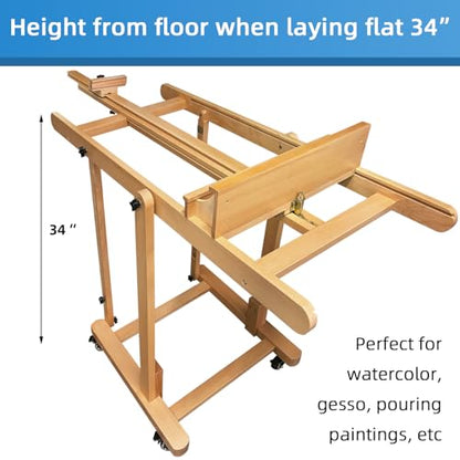 Falling in Art Extra Large H-Frame Studio Easel, Solid Beechwood Artist Easel with Storage Tray, Adjustable Canvas Holder Stand with Rolling Wheels for Painting Adult - style: Studio Easel Natural