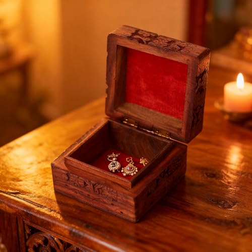 GURU JEE Wooden Hand Carved Keepsake Box Jewellery Armoire Chest Organiser Perfect Unique Gifts Ideas For Women - color: FLWD_4X4