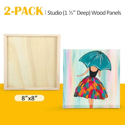 Falling in Art 2 Pack Unfinished Wooden Canvas Panels, 8x8 Gallery Birch Wood Panels Kit, 1 1/2" Deep Art Cradle Boards for Acrylic Painting, Pouring and Burning - size: 8*8 2 Pack