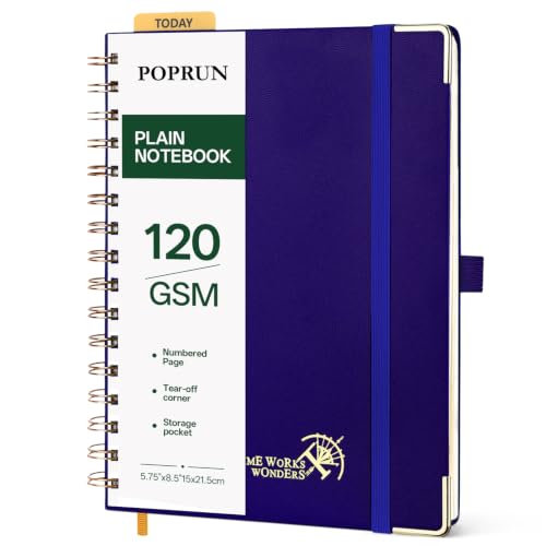 POPRUN Blank Spiral Journal Notebook, A5 Hardcover Sketch Books, 141 Pages Unlined Journals for Women Men, 120 GSM Plain Notebooks for Sketching, Drawing, Painting, 5.75'' x 8.25'', Royal Blue - color: Royal Blue, style: Minimalist
