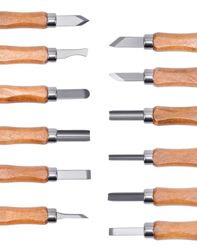 UCEC 12 Pack Linocut Wood Carving Tools Set Linoleum Hand Wood Carving Kit Whittling Knives V-Chisel Angled Gouge Half Round Woodcarving Tools Set Whittling Kit for Linocut Printmaking Supplies Gift - color: Wooden-12 Pack