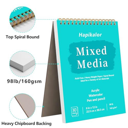 Mixed Media Sketchbook 9" x 12" Multimedia Sketchbook, Top Spiral Bound Sketch Book, 30 Sheets 98lb/160gsm Mixed Media Paper, Watercolor Paper Sketch Pads for Drawing, Painting, Art Supplies - size: 9" x 12"