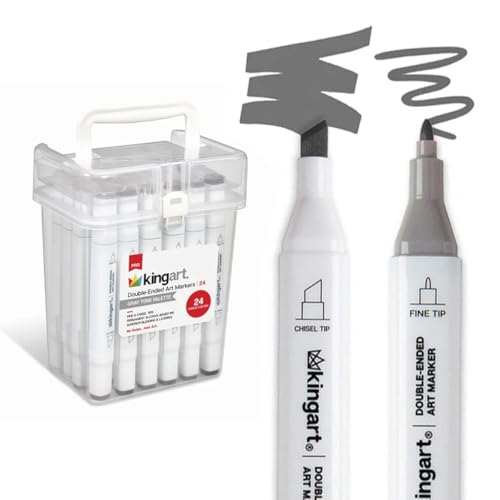 KINGART PRO Double-Ended Alcohol Ink Art Markers, 24 GRAY TONE Colors, Fine Point & Chisel Tips, Permanent with Superior Blendability, Includes Plastic Case, 24 Pc.