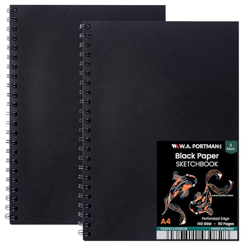 WA Portman Black Paper Sketchbook 2-Pack A4 (8.3" x 11.7") – 140 GSM Acid-Free Black Book Marker Paper, 60 Pages (30 Sheets) Spiral Scrapbook Journal, Mixed Media Sketch Pad for Kids & Adults - size: A4 2 Pack