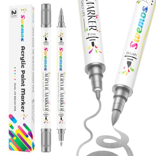 Swemos 2Pcs Silver Acrylic Paint Markers, Acrylic Paint Pens for Fabric, Rock, Stone, Canvas, Wood, Ceramic, Glass, DIY Crafts, Dual Tip with Fine and Brush Tips Paint Marker (SILVER, 2) - color: Silver, size: 2