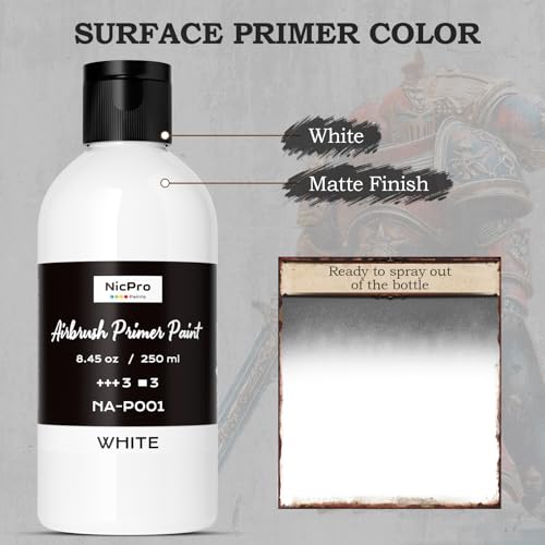 Nicpro White Surface Primer Airbrush Paint (8.4oz, 250 ml), Matte Finish, Ready To Spray Air Brush Water-Based Acrylic Primer for Beginners & Artists Priming Plastic Models, Miniatures, Figures, Craft - color: White, size: 8.45 Fl Oz (Pack of 1)