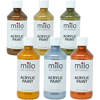 milo Metallic Acrylic Paint Set of 6 Colors | 8 oz Bottles | Student Metallic Colors Acrylics Painting Pack | Made in the USA | Non-Toxic Arts & Crafts Paints for Artists & Hobby Painters - style: Metallic Set 6 x 8 oz