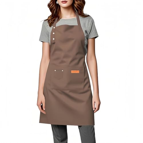 Kitchen Cooking Apron for Women Men Water-Resistant Artist Barista Baking Craft Catering Work Bib with Large Pockets - color: Brown