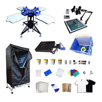 Tianiuseen Screen Printing Kit Silk Printing Press Equipment Material 3 Color 4 Station Screen Printer Screen Printing Flash Dryer Drying Cabinet and UV Exposure Unit for T-Shirt DIY