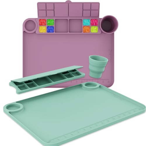 Svartur Silicone Painting Mat with Cup and Palette Detachable, 17"X13" Thick Silicone Craft Mat with Raised Edge for Artist, Painting Station Creator Mat, Pack of 2, Purple & Green - color: Purple & Green