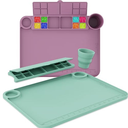 Svartur Silicone Painting Mat with Cup and Palette Detachable, 17"X13" Thick Silicone Craft Mat with Raised Edge for Artist, Painting Station Creator Mat, Pack of 2, Purple & Green - color: Purple & Green