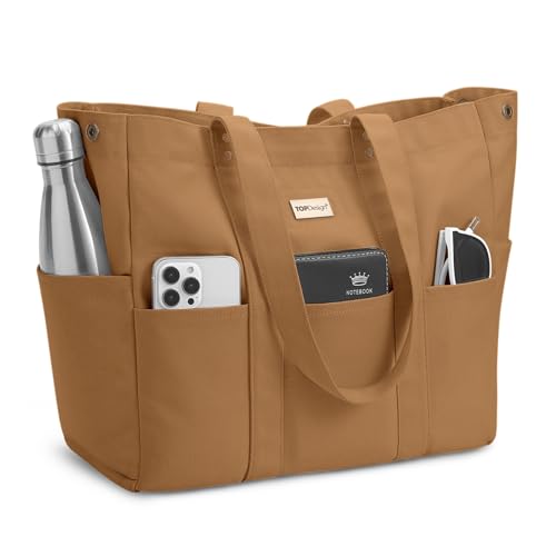TOPDesign Large Canvas Tote Bag for Women, Shoulder Bag with Laptop Sleeve & Pockets, Everything Tote for Travel, Work (Khaki) - color: Khaki