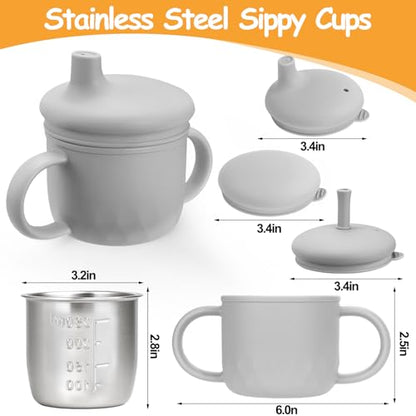 Mity rain 3-In-1 Stainless Steel Sippy Cup for 6+ Month Old, Baby Straw Cups for Toddlers 1-3 with Travel Lid, Silicone Straw, Replacement Straw & Cleaning Brush - 8oz Toddler Cups Spill Proof Set - color: Gray
