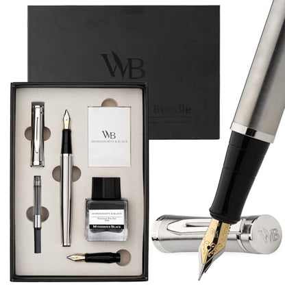 Wordsworth & Black Fountain Pen Set,18K Gilded Medium and Extra Fine Nib,25ML Black Ink Bottle,6 Ink Cartridges,Refill Converter,Gift Box,Smooth Writing Pen [Silver Chrome],Gift Set for Men and Women - color: Silver Chrome