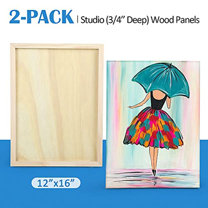 Falling in Art Unfinished Birch Wood Panels Kit, 2 Pack of 12x16’’ Studio 3/4’’ Deep Cradle Boards for Pouring Art, Crafts, Painting, and More - size: 12*16 2-pack