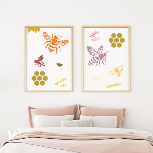 JarThenaAMCS 16Pcs Bee Stencils Assorted Bee Honeycomb Templates Stencils Reusable Summer Plastic Drawing Painting Template for DIY Art Craft Painting on Wood - style: Bee