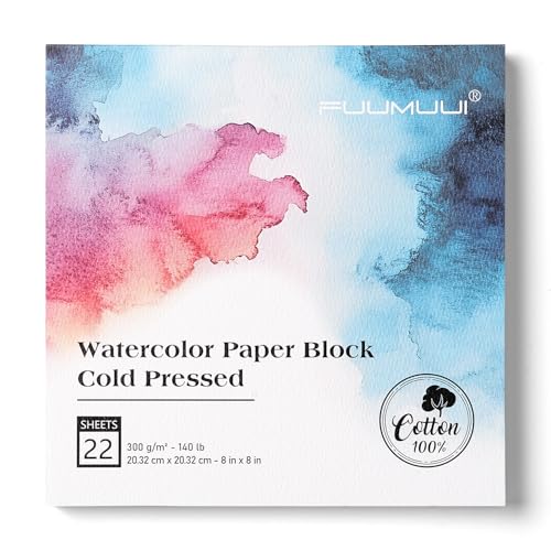 Watercolor Paper Block 8x8 Inch, Fuumuui 100% Cotton Watercolor Paper Pad of 22 Sheets, 140lb/300gsm, Acid-Free Cold Pressed Art Paper for Painting, Drawing, Art Journaling, Wet, Mixed Media - color: Cold Press, size: 8×8"