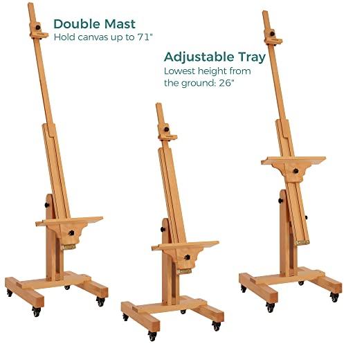 VISWIN Studio Heavy-Duty Easel, Holds Canvas Up to 71", Tilts Flat & Movable, Adjustable Solid Beech Wood Large Easel Stand for Painting, TV & Display, Floor Art Easel for Adults, Artists - Natural - color: Natural