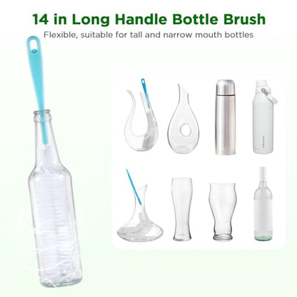 OUTXE 6 Pack Bottle Brush Set, 5-in-1 Water Bottle Cleaner Brush, 14" Long Handle Bottle Cleaning Brush, 3 Straw Brush, Removable Nipple Detail Brush for Cup Lid Gap, with Replecement Sponge - color: Green, size: 6 Pack