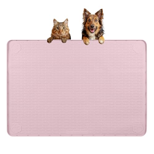 Dog Food Mat 34''x22'' Extra Large Dog Mat for Food and Water, Pink | Silicone Dog Bowl Mat with Raised Edge, Waterproof Non-Slip Pet Feeding Mat for Floors, fit for Dog Cat Bowls - color: Pink, size: 34"L x 22"W