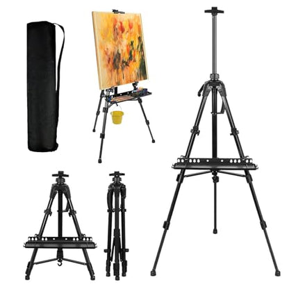 Art Easel Aluminum Alloy Portable Extendable Easel with Hand Crank Adjustable to 61.8 '' Drawing Board Holder, Compass, Level and Storage Bag -for Artists, Painters, Sketching, Outdoor Painting - style: Black