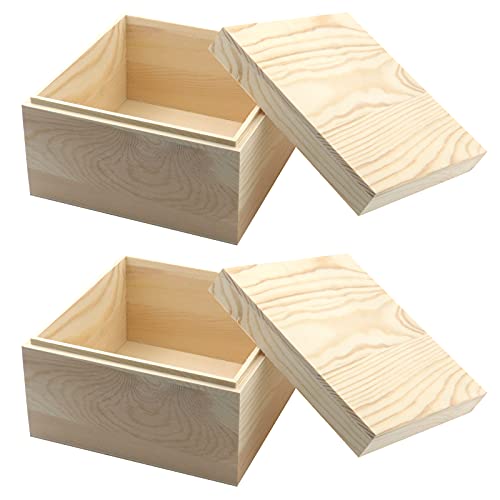 MY MIRONEY 2Pcs Wooden Unfinished Storage Box with Top Lid 5.91" x 5.91" Square Wooden Pine Box DIY Craft Stash Boxes for Arts Hobbies and Home Storage - size: 5.91" x 5.91"
