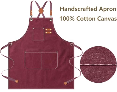 AFUN Aprons for Men Women with Large Pockets, 16-Ounce Cotton Canvas Cross Back Apron - color: Dark Red